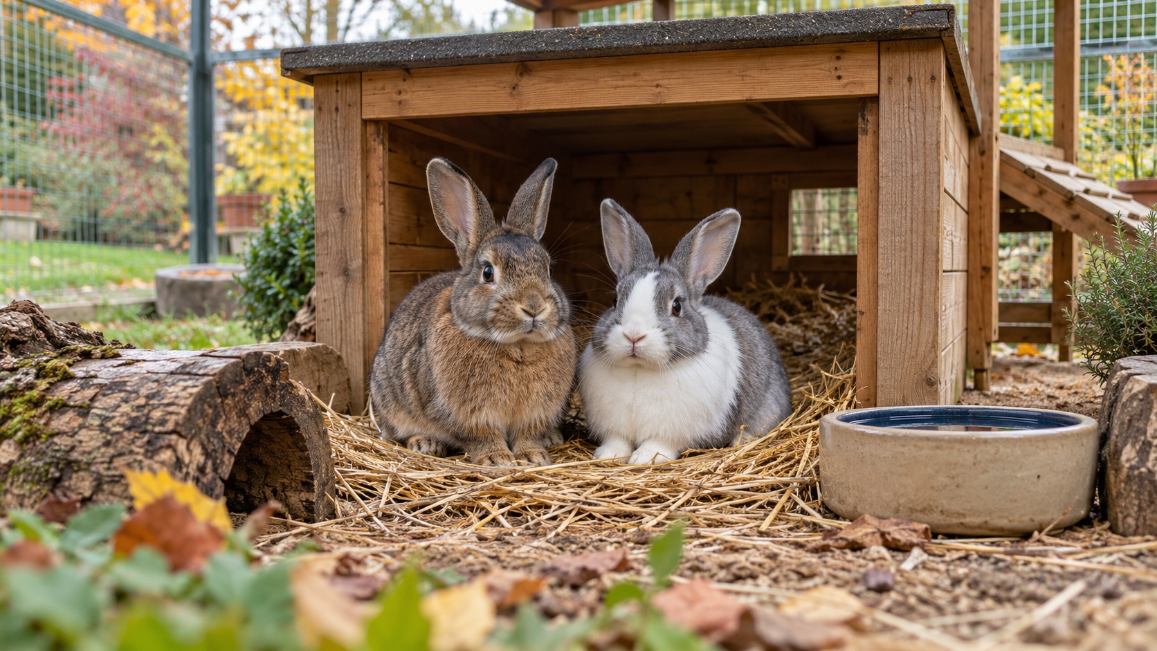 Zwei Kaninchen auf trockenem Stroh vor einer hölzernen Schutzhütte im überdachten Außengehege
