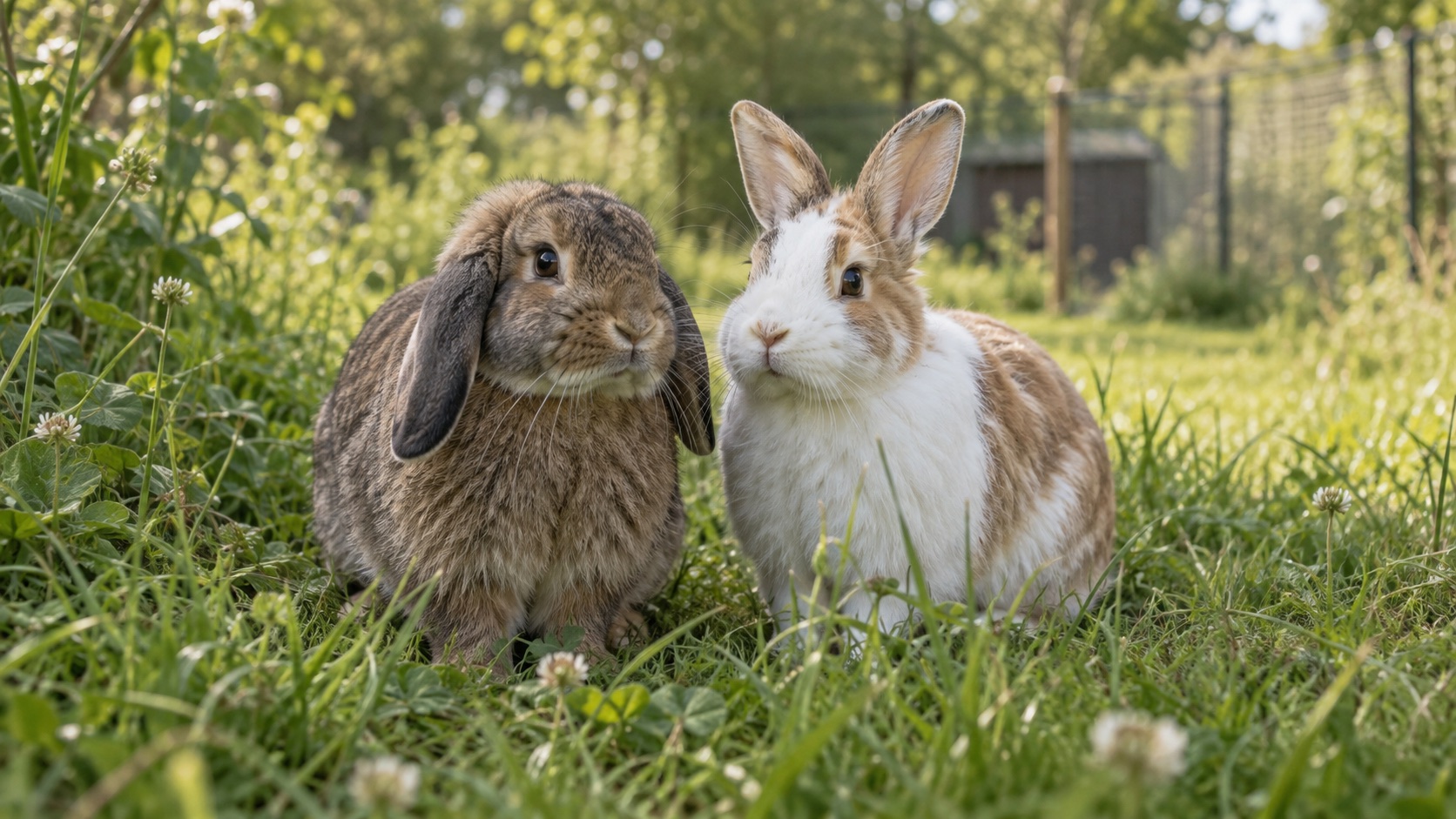Zwei unterschiedliche Kaninchen als harmonisches Paar auf einer Wiese