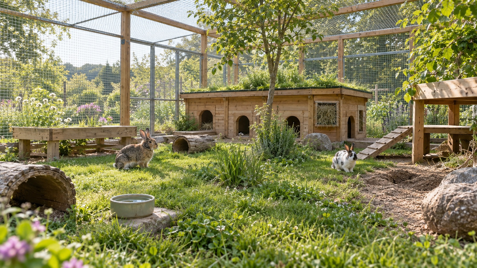 Zwei Kaninchen in einem großen gesicherten Außengehege mit Schutzhaus und Beschäftigung
