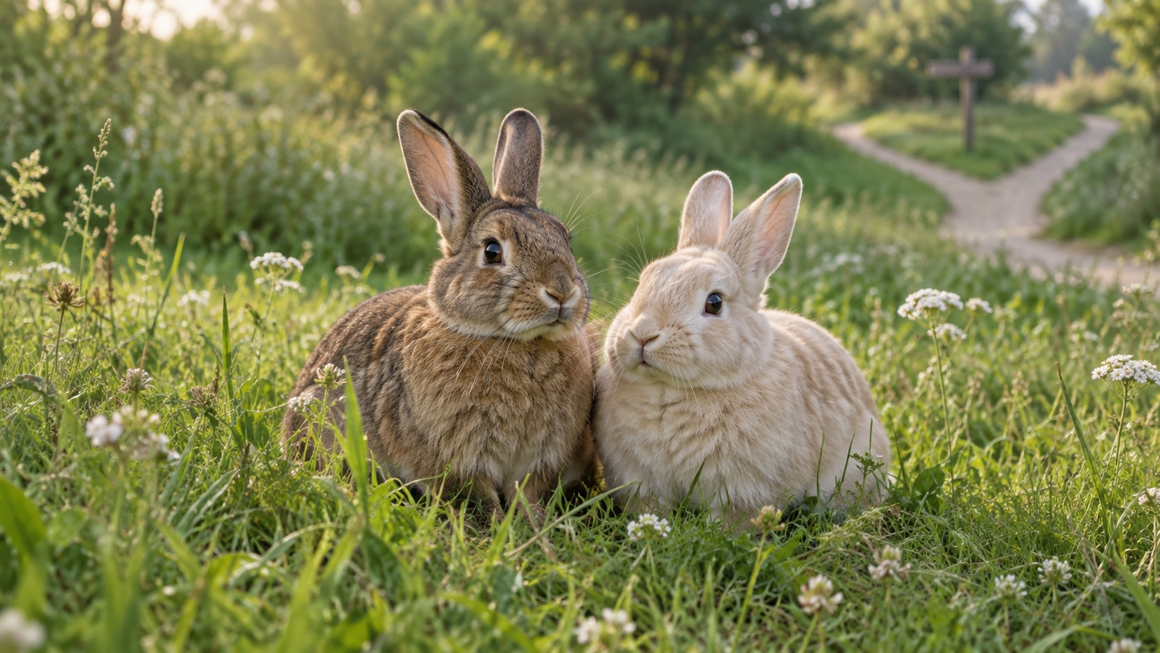 Zwei Kaninchen auf einer Wiese vor einer Weggabelung als Symbol für einen Kaninchenfinder