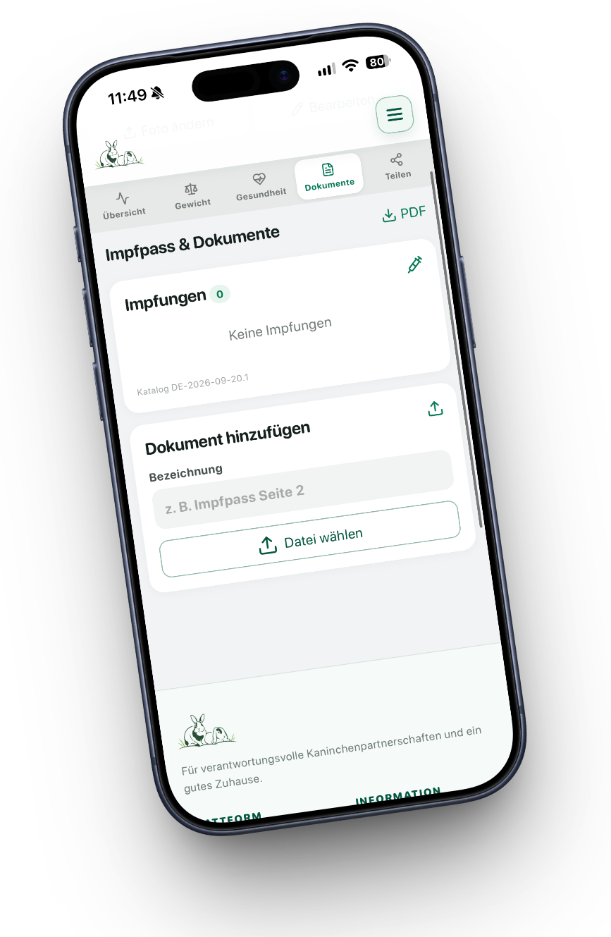 Digitaler Impfpass für Kaninchen mit Impfübersicht, PDF-Export und Dokumentenupload