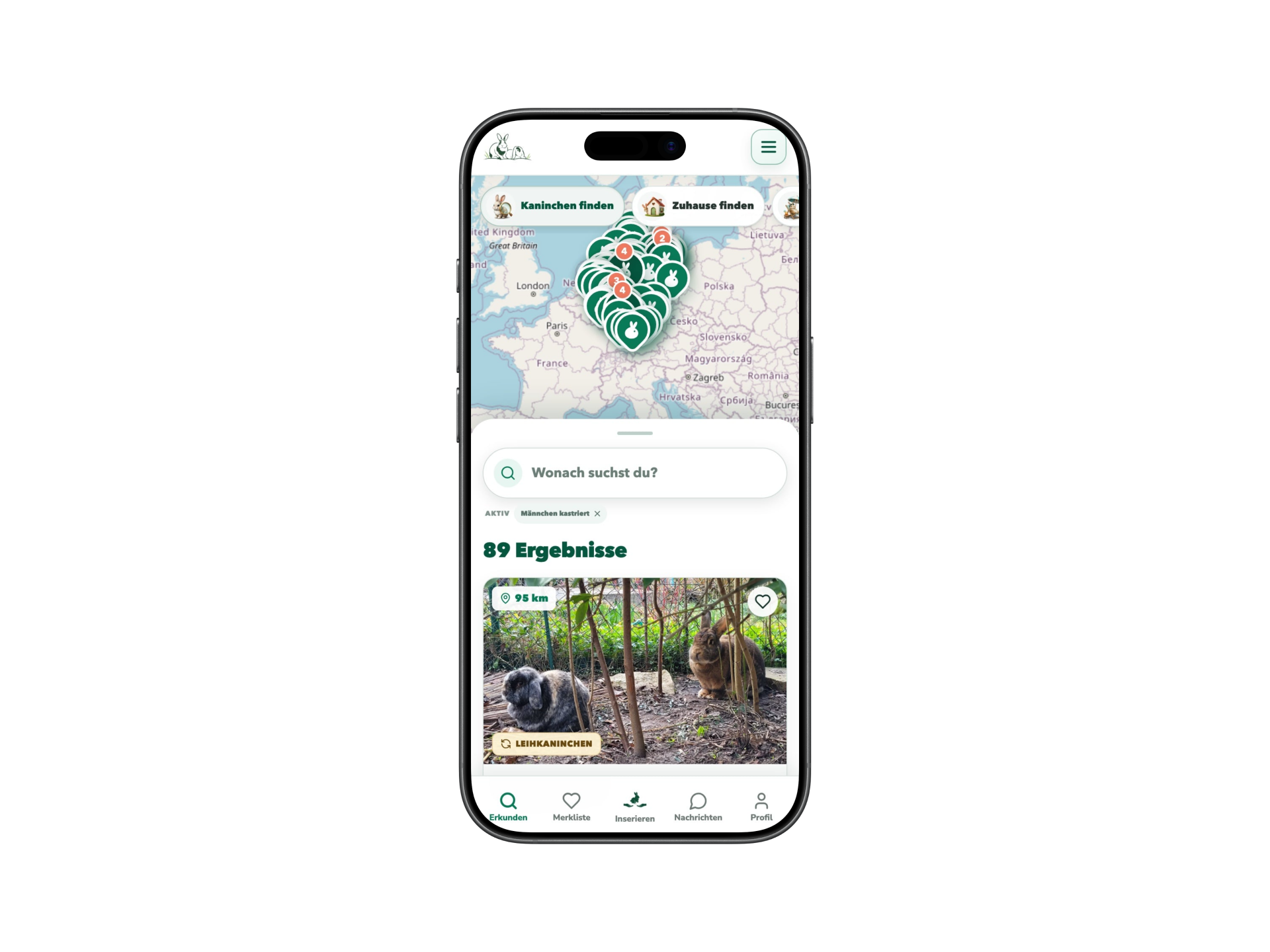 Mobile Ansicht der Wiesen-Finder Kaninchen-App in einem Smartphone mit Karte, Suchfeld, Trefferliste und Navigation