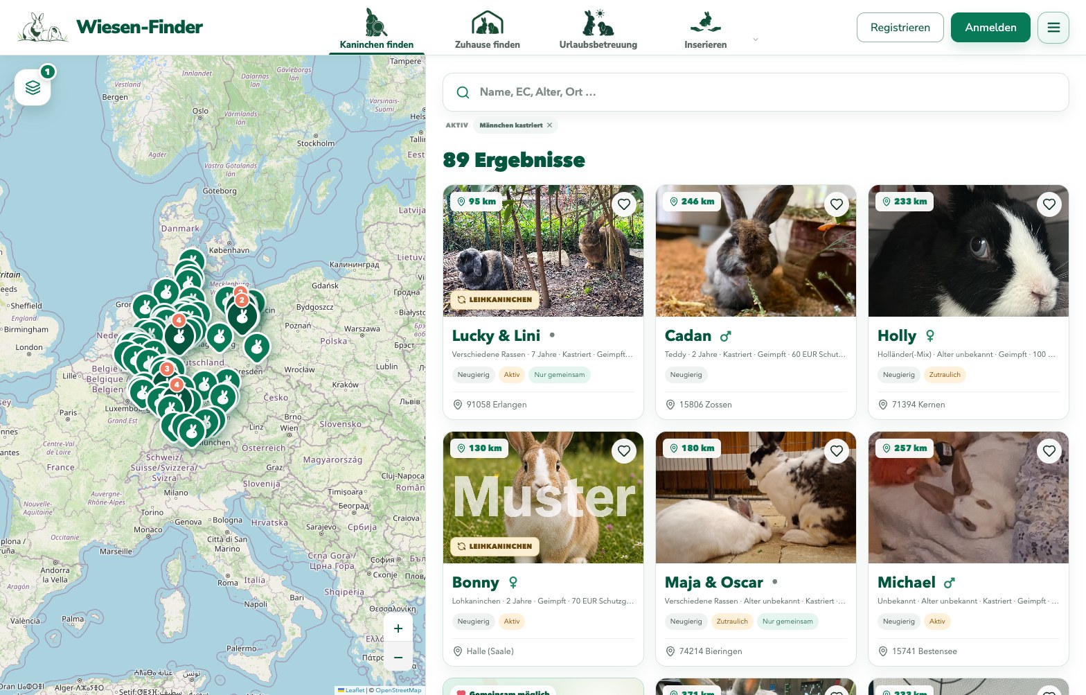 Wiesen-Finder Suche am Desktop mit Deutschlandkarte, Filtern und aktuellen Kaninchenprofilen