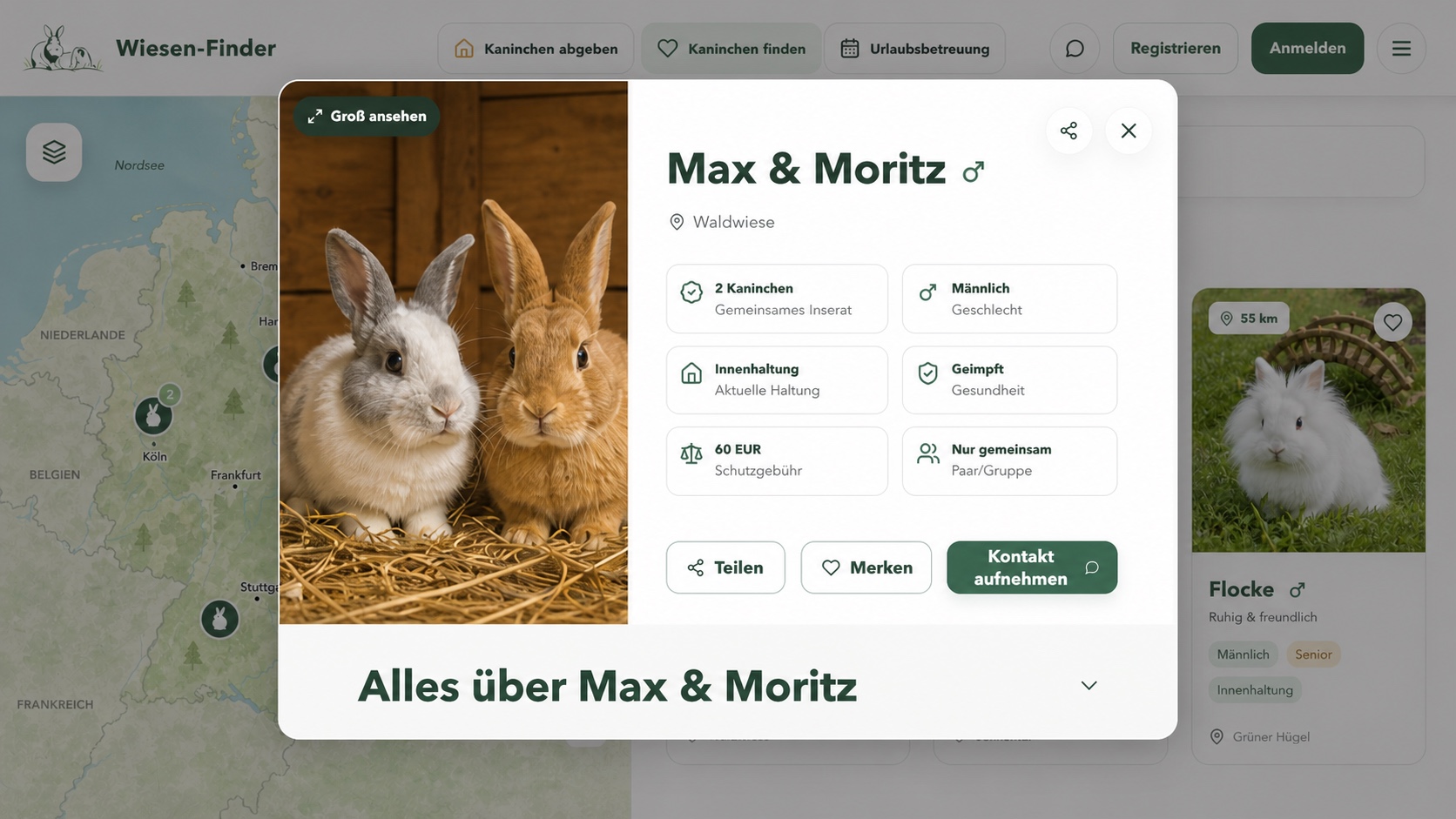 Geöffnetes Wiesen-Finder Inserat mit Kaninchenfoto, Gesundheits- und Haltungsangaben sowie Kontaktmöglichkeit